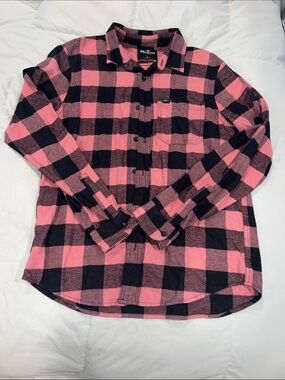 Hollister Pink and Black Plaid Flannel Shirt